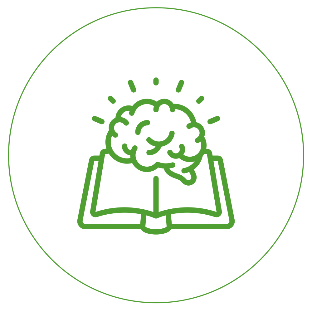 green brain with book icon